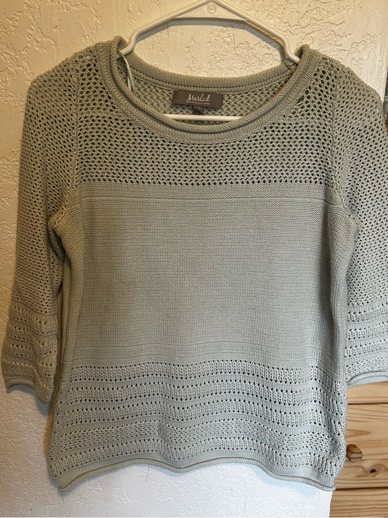 Marled Sweaters - Marled Sage Green Open-Weave Crew Neck Sweater